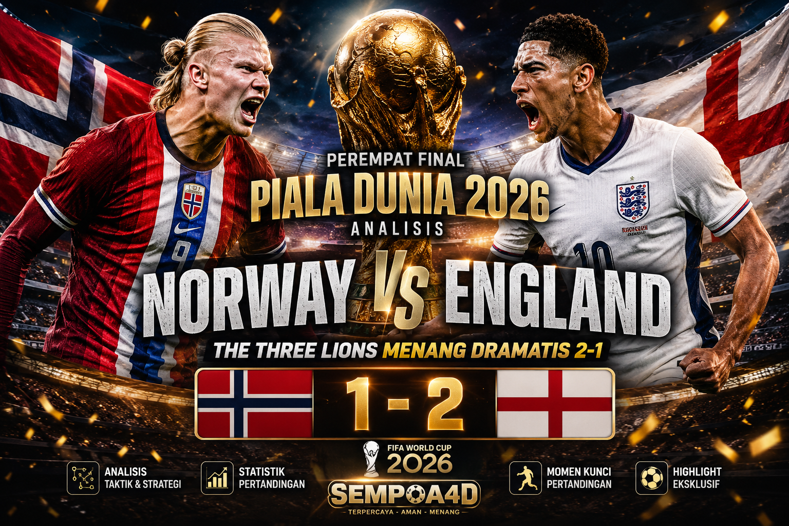 Norway vs England: Analisis Perempat Final Piala Dunia 2026, The Three Lions Menang Dramatis 2-1