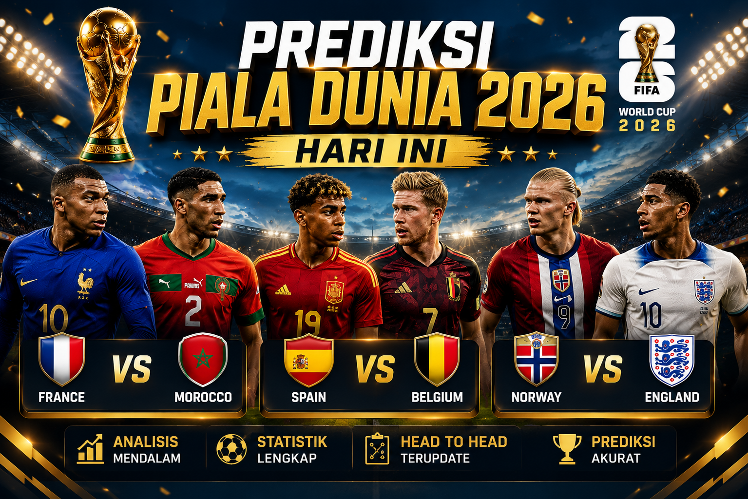 Prediksi Piala Dunia 2026 Hari Ini: France vs Morocco, Spain vs Belgium & Norway vs England
